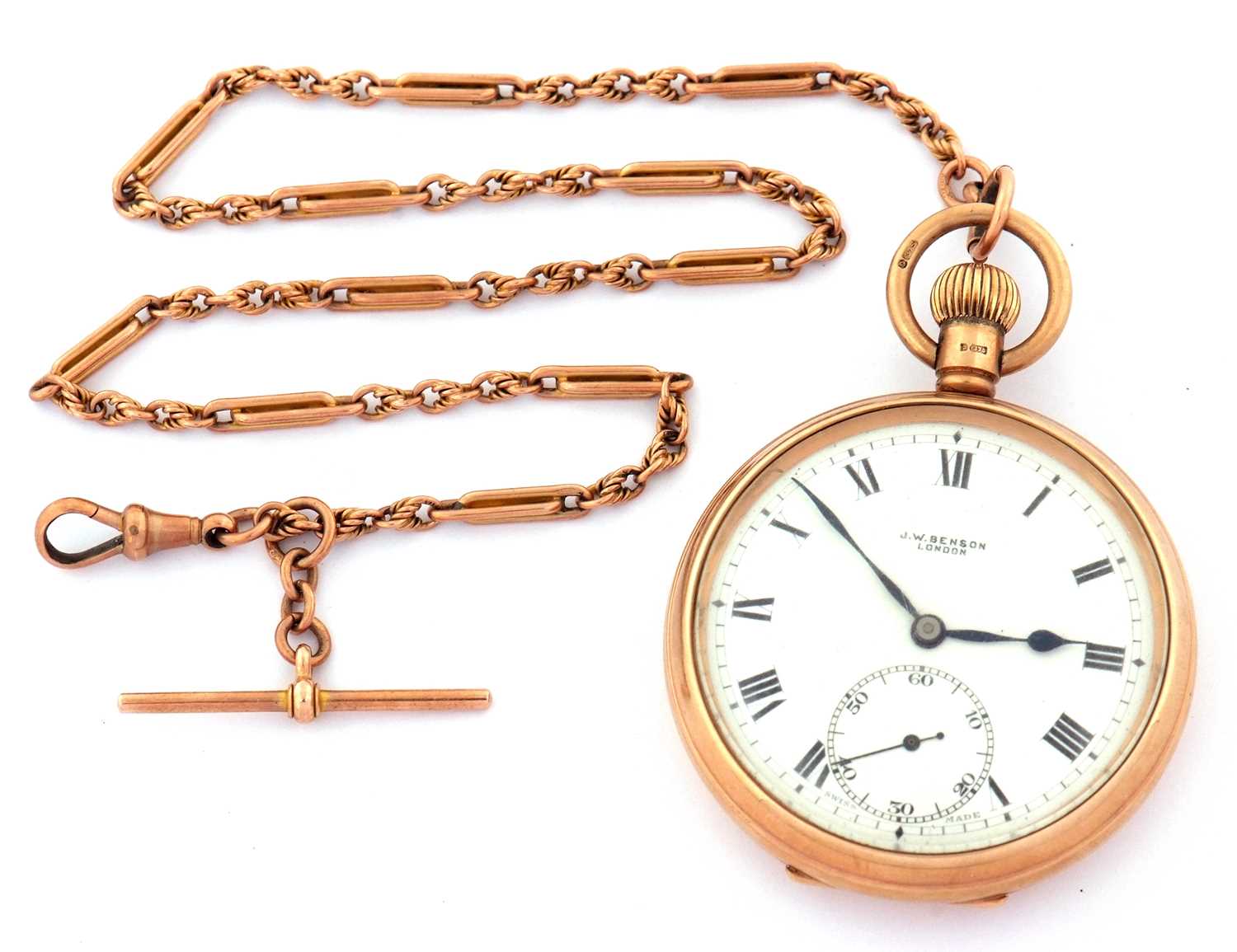 A 9ct gold J W Benson pocket watch with a 9ct gold trombone link chain, the pocket watch has a - Image 3 of 9
