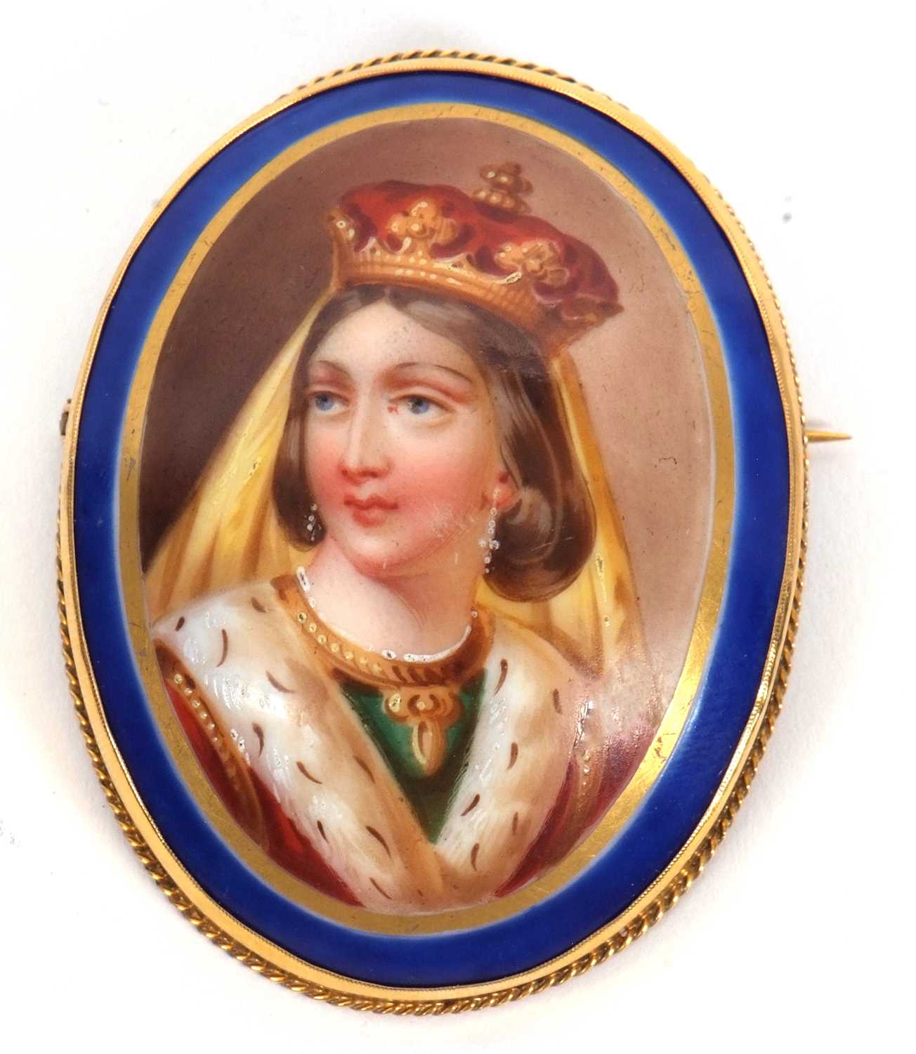 A 19th century continental portrait brooch, the oval Sevres style portrait of a royal lady with dark - Image 2 of 3
