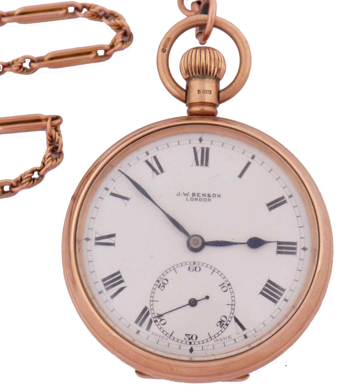 A 9ct gold J W Benson pocket watch with a 9ct gold trombone link chain, the pocket watch has a - Image 4 of 9