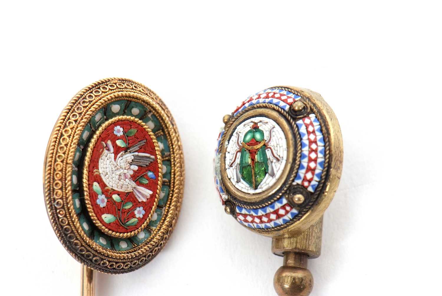 Two 19th century micro mosaic stick pins, the first with an oval head with dove of peace and green - Image 5 of 5
