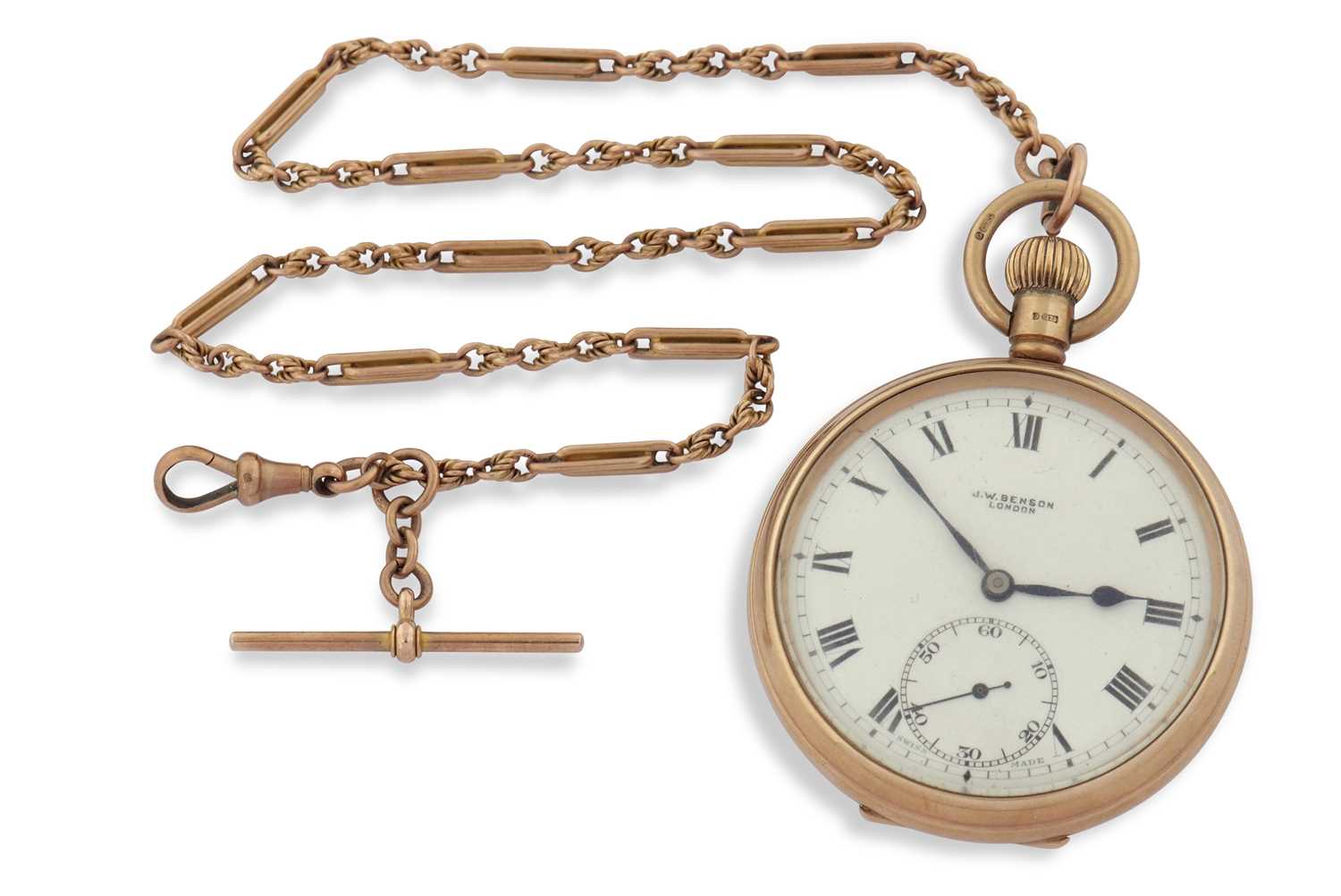 A 9ct gold J W Benson pocket watch with a 9ct gold trombone link chain, the pocket watch has a