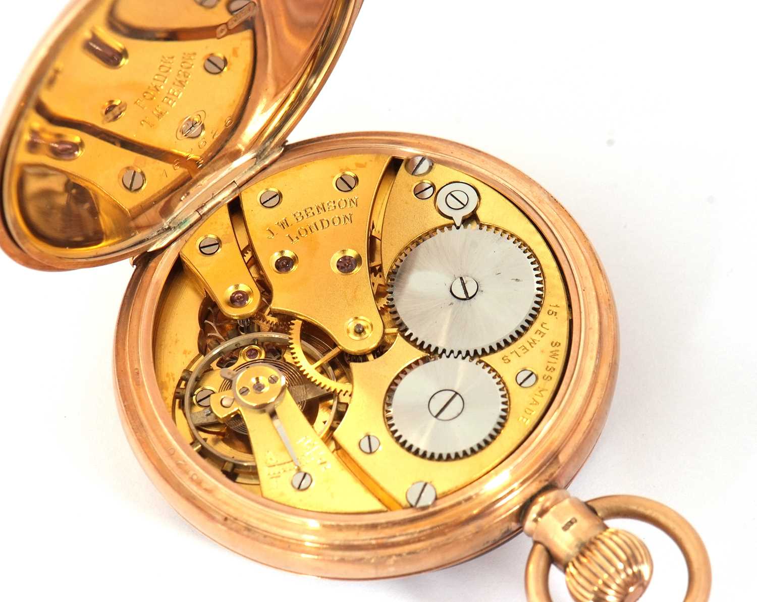 A 9ct gold J W Benson pocket watch with a 9ct gold trombone link chain, the pocket watch has a - Image 8 of 9