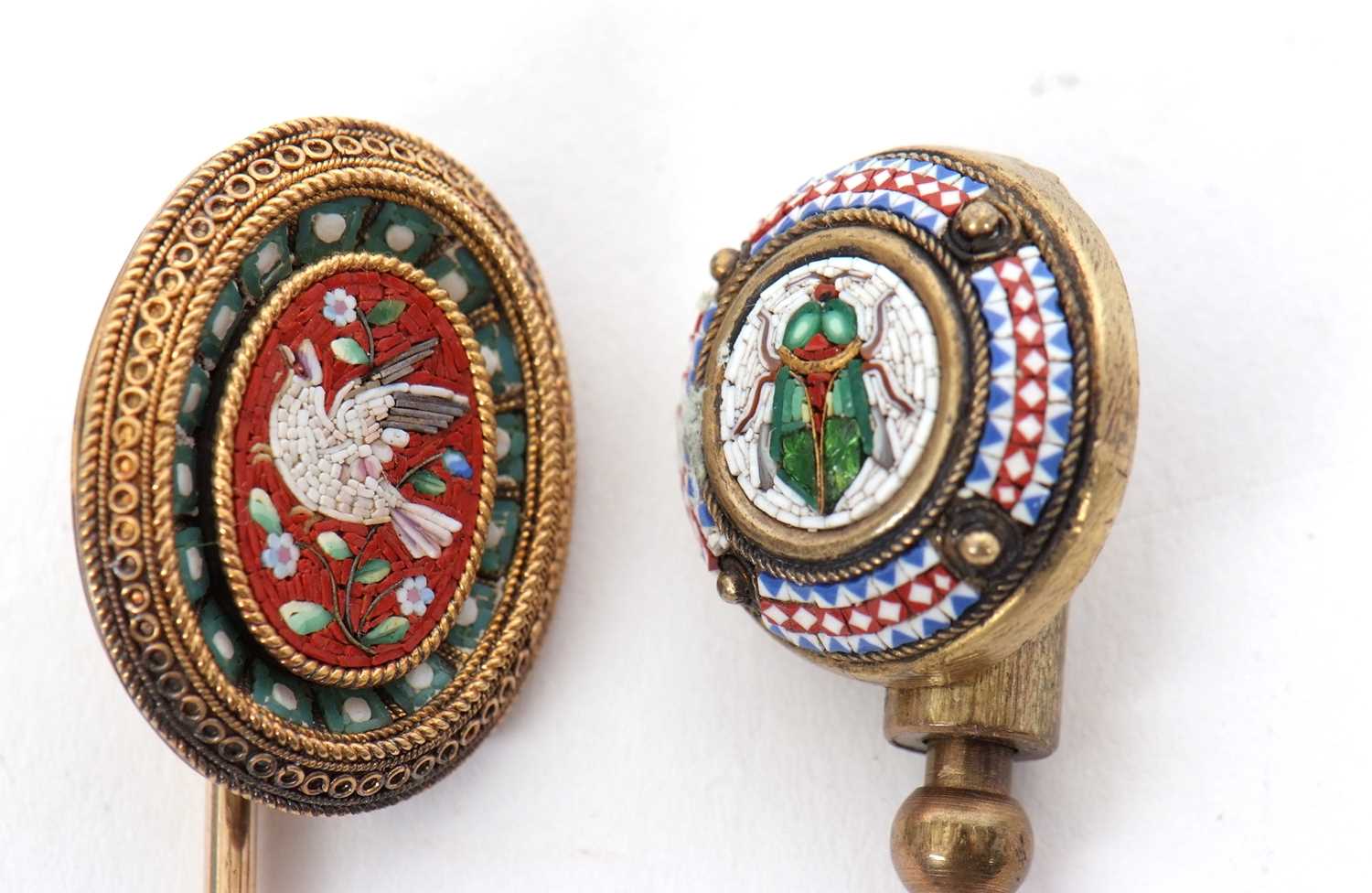 Two 19th century micro mosaic stick pins, the first with an oval head with dove of peace and green - Image 2 of 5