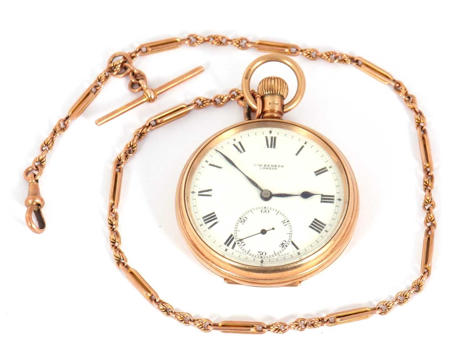 A 9ct gold J W Benson pocket watch with a 9ct gold trombone link chain, the pocket watch has a - Image 5 of 9