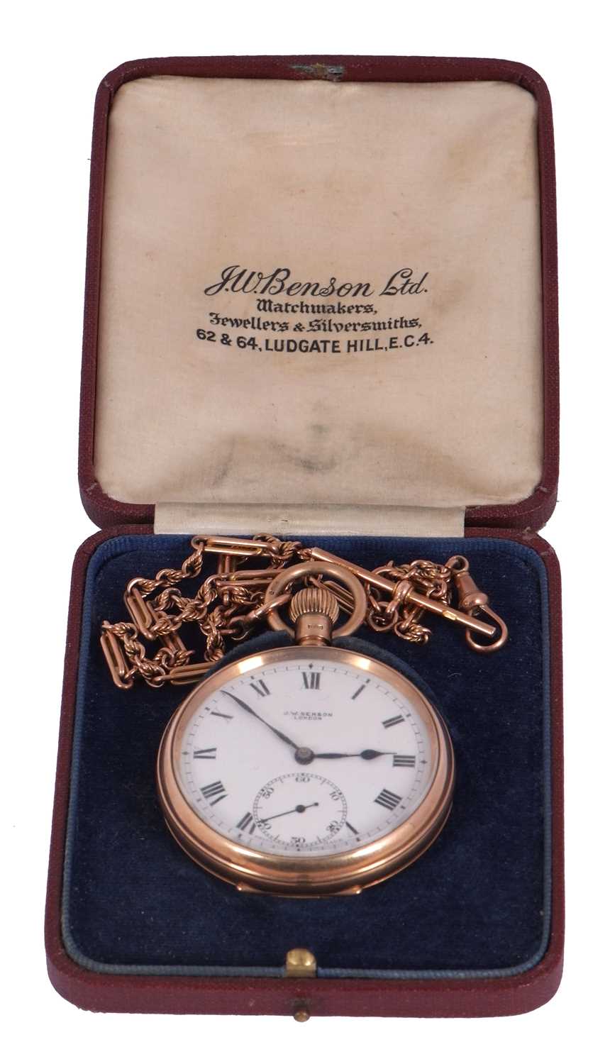 A 9ct gold J W Benson pocket watch with a 9ct gold trombone link chain, the pocket watch has a - Image 2 of 9