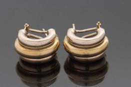 A pair of 18ct tri-colour gold earrings, the rose, yellow and white gold half hoops, 12mm wide, with