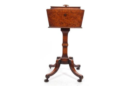 An early Victorian walnut veneered pedestal teapoy the rectangular top section with hinged lid - Image 2 of 6