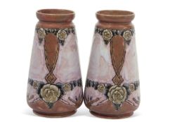 Pair of Royal Doulton Art Nouveau Vases by Elisa Simmance with tubelined floral decoration on a pink