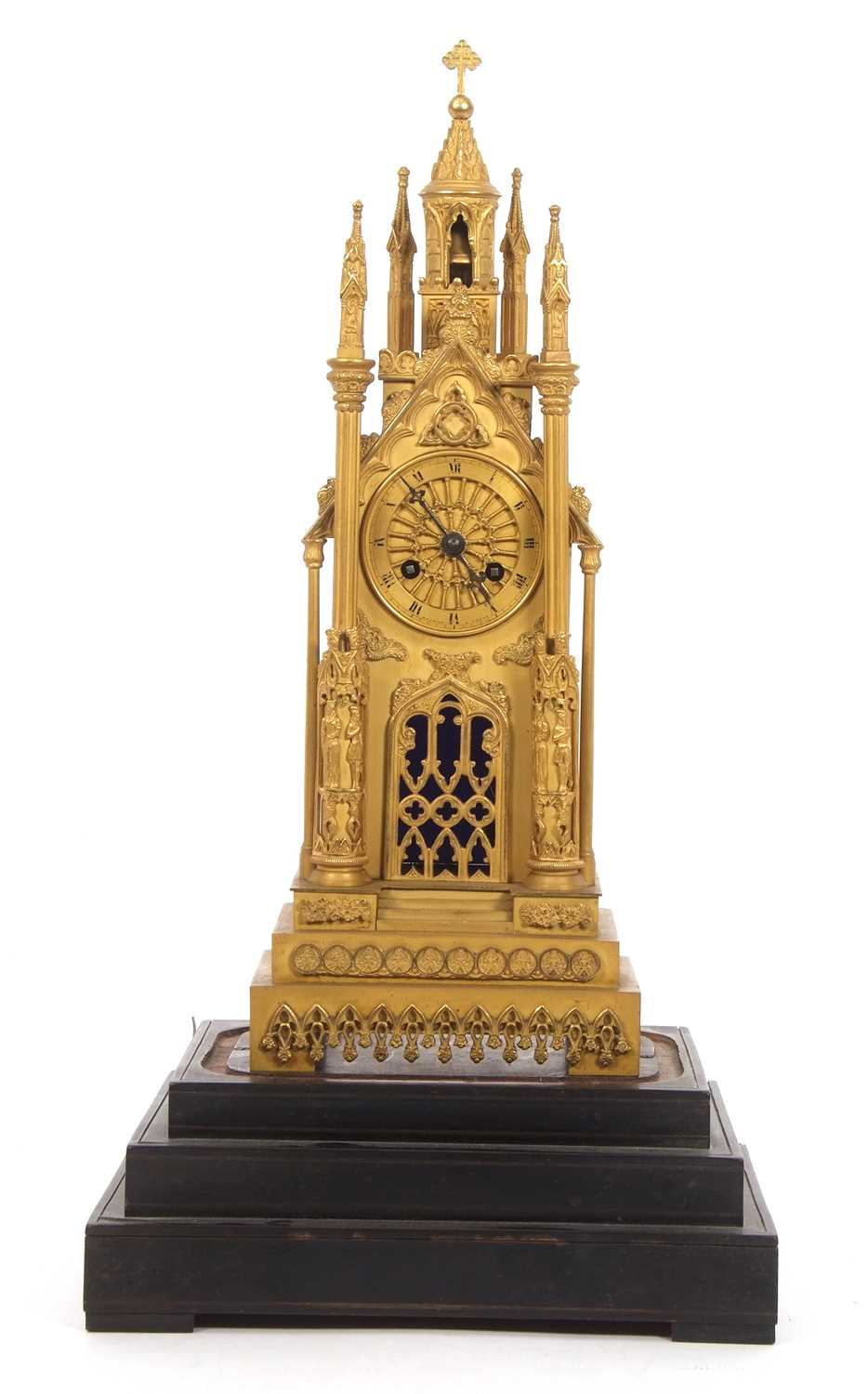 A 19th Century French brass mantel clock of Cathedral form, the central dial with Roman numerals and - Image 2 of 13