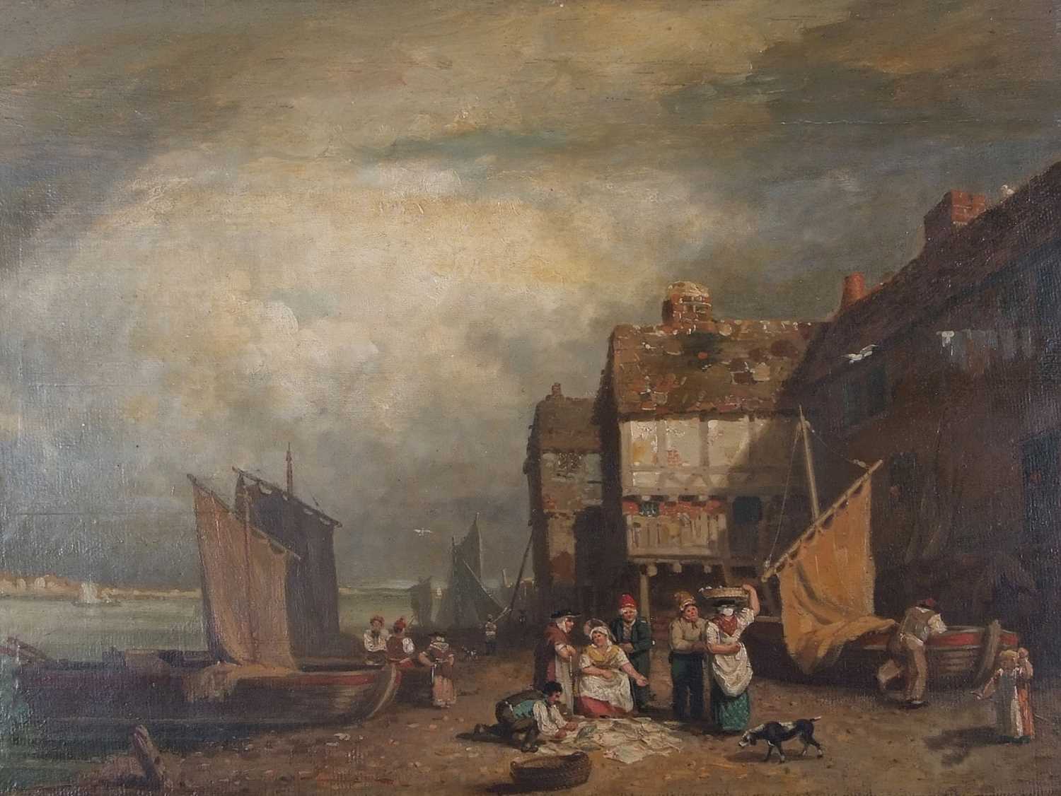 Circle of John Crome (1768-1821), Fisherfolk at the River Yare, oil on panel board, 52.5cmx71.5cm, - Image 3 of 3