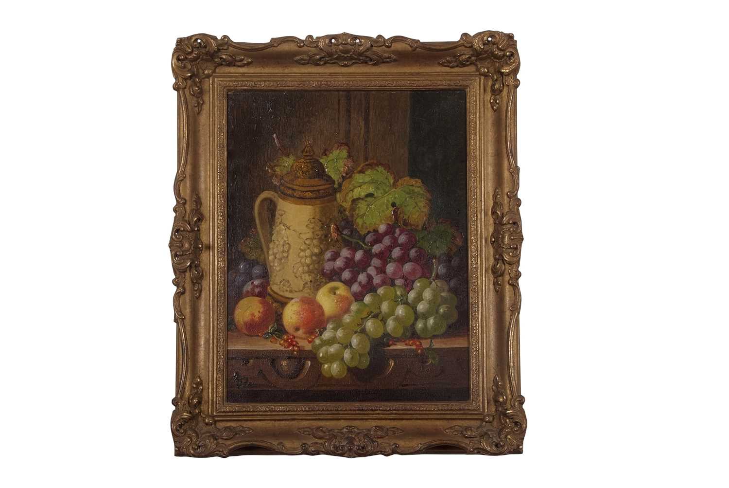 Charles Thomas Bale (1845-1925), Still life study of mixed fruit by a stone ware flagon, oil on