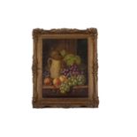 Charles Thomas Bale (1845-1925), Still life study of mixed fruit by a stone ware flagon, oil on