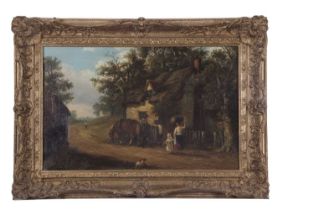 Thomas Smythe (1825-1906), Figures conversing by a thatched cottage, oil on canvas, signed, 28x44cm,