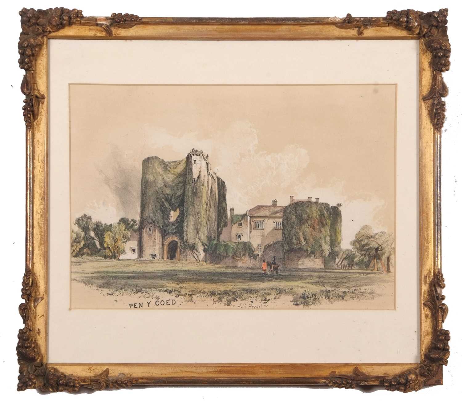 John Skinner Prout (1805-1876), "Pen y Coed Castle", hand coloured lithograph, 22x30cm, framed and - Image 2 of 3