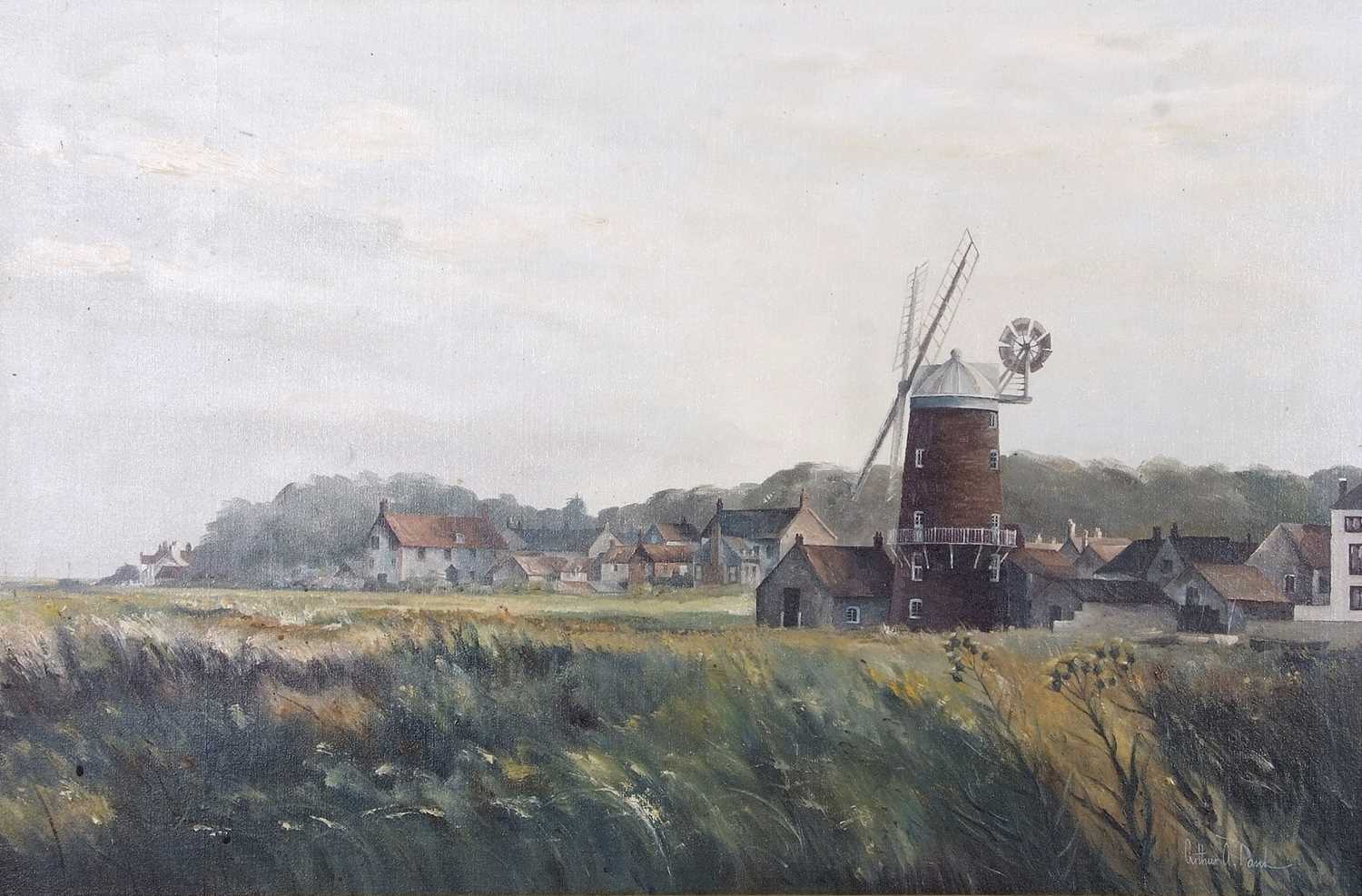 Arthur A. Pank (British,1918-1999), Landscape with Windmill, oil on board, signed, 59x89cm, framed.
