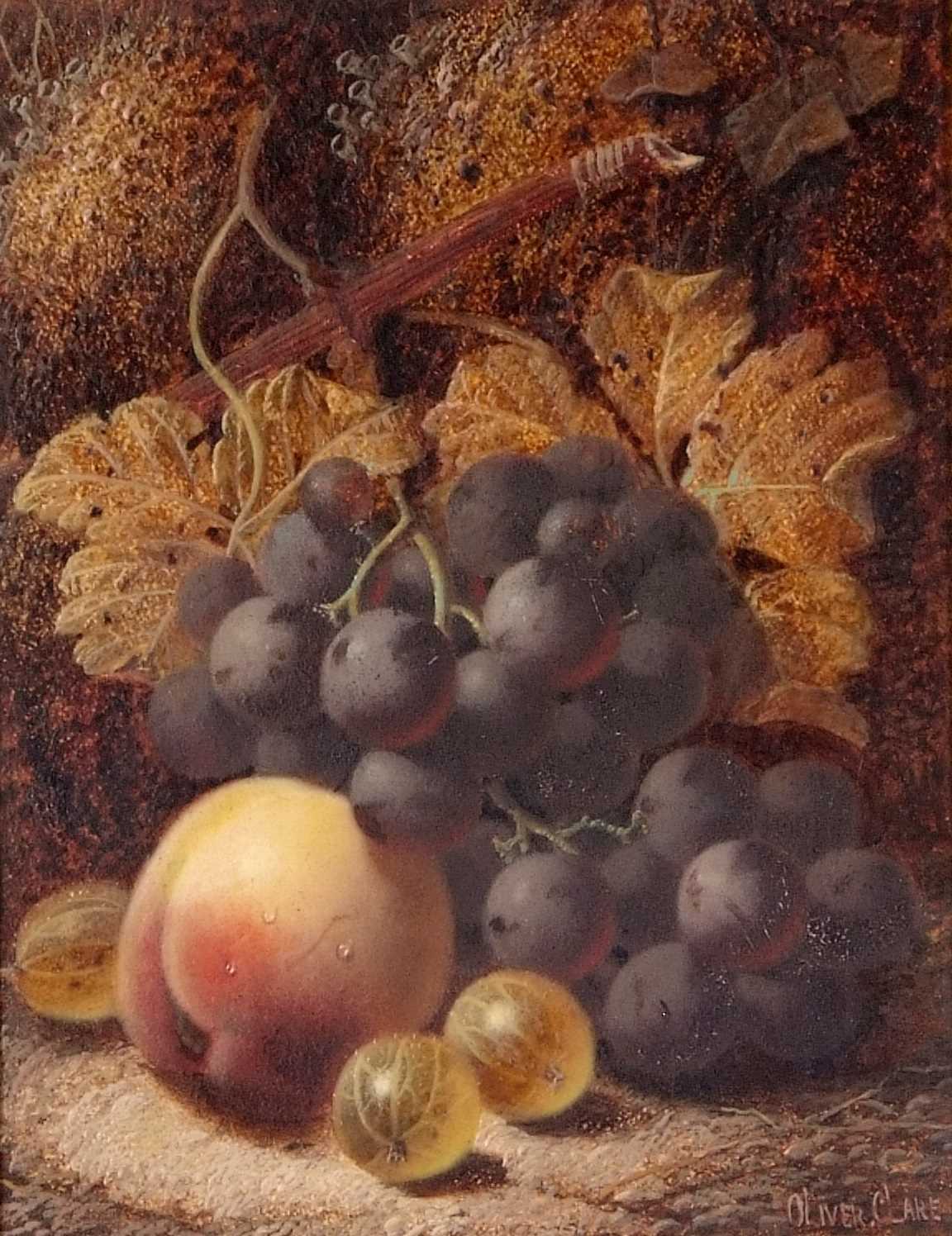 Oliver Clare (British,1853-1927), Still life of fruit, oil on board, signed, 7.5x22cm, framed - Image 3 of 3