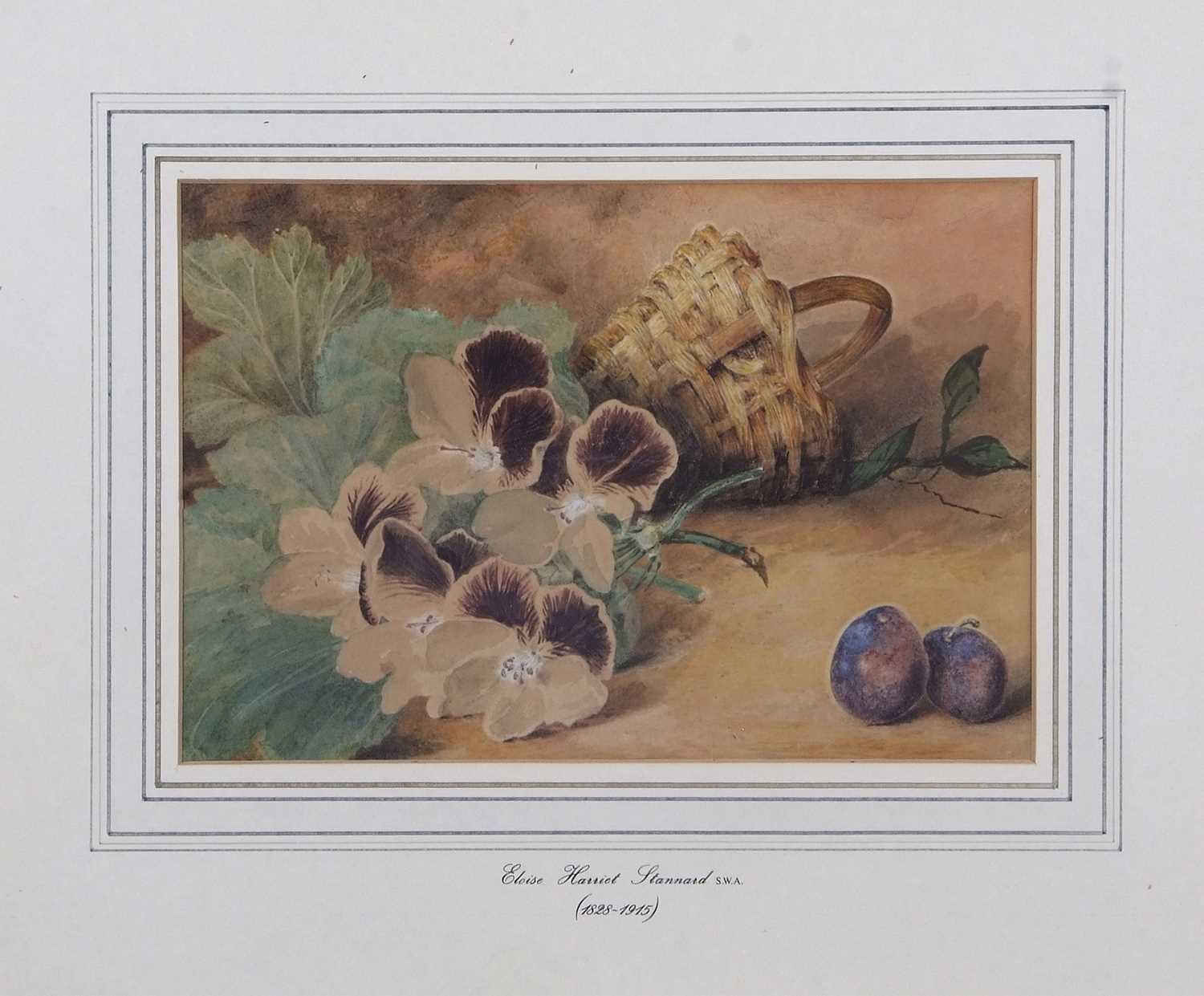 Eloise Harriet Stannard (1829-1915), Still life study of pansies and plums in a basket, watercolour, - Image 3 of 3