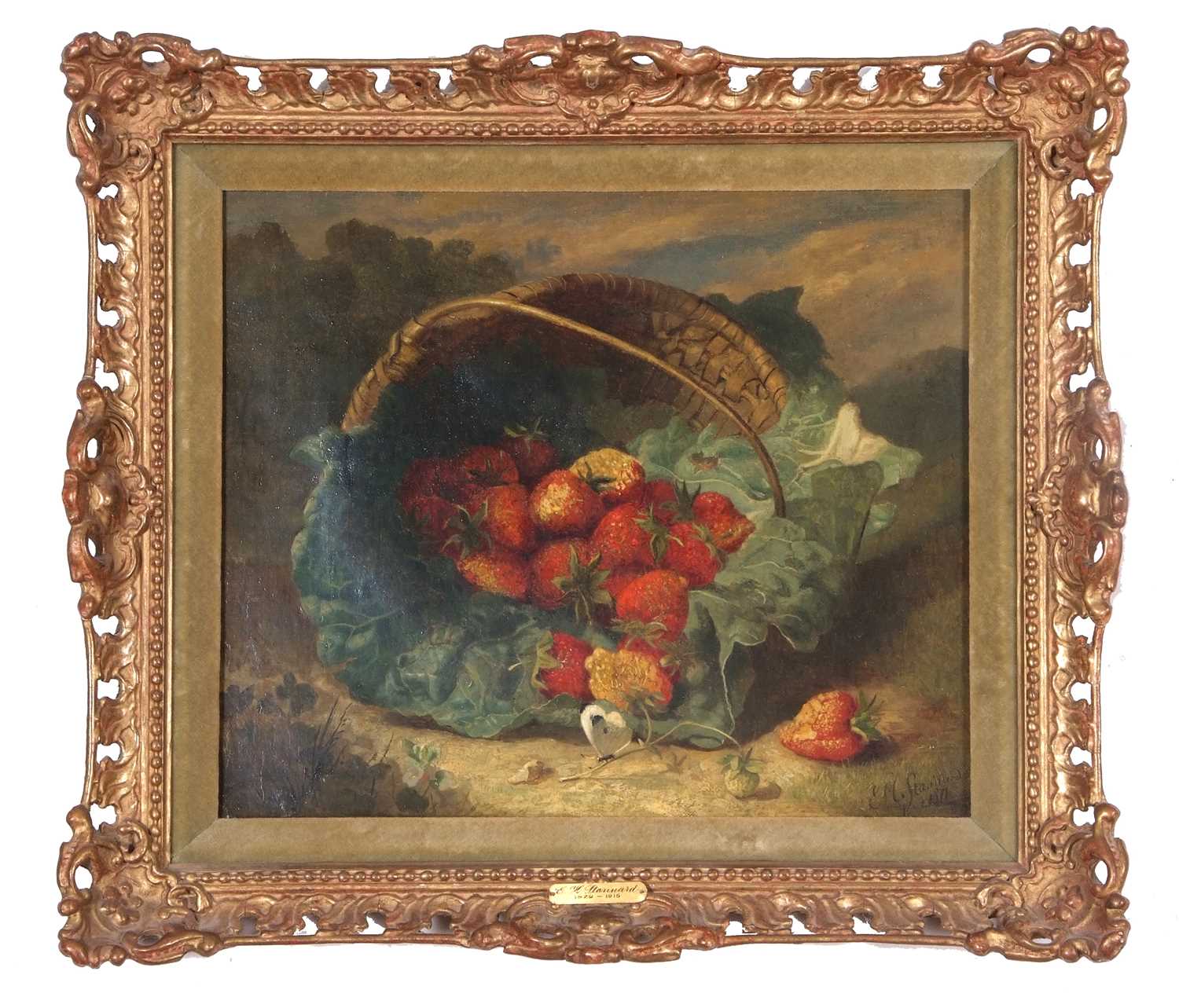 Eloise Harriet Stannard (1829-1915), Still life study of strawberries on a cabbage leaf by a basket, - Image 4 of 5