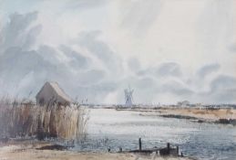 Leslie Moore LH Moore RI (1907-1996), View across the River Thurne, watercolour, signed, 38x56cm,