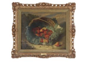 Eloise Harriet Stannard (1829-1915), Still life study of strawberries on a cabbage leaf by a basket,