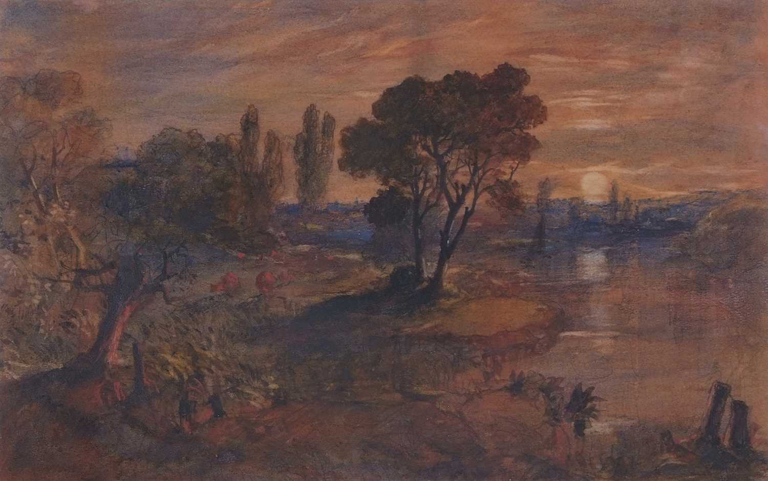 Attributed to John Joseph Cotman (British,1814-1878), 'Sunset at Whitlingham', watercolour,
