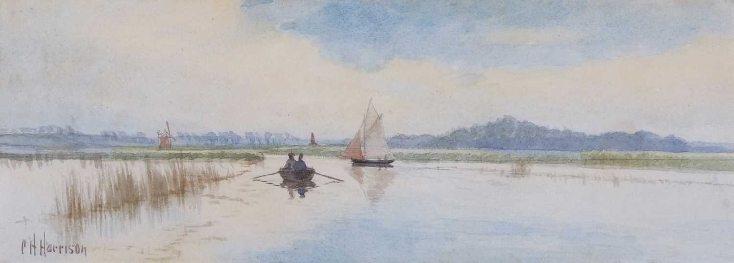 Charles Harmony Harrison (British,1842-1902), Wherry and rowing boat on the Broads, watercolour,