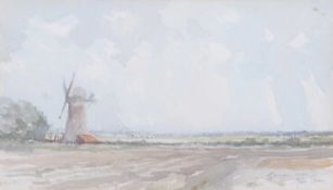 Jason Partner (British, 20th century), East Anglian Mill, watercolour, signed, 23.5x41.5cm, framed