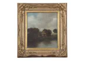 In the manner of John Crome (Norwich School,1768-1821), Country Cottage by the waters edge, oil on