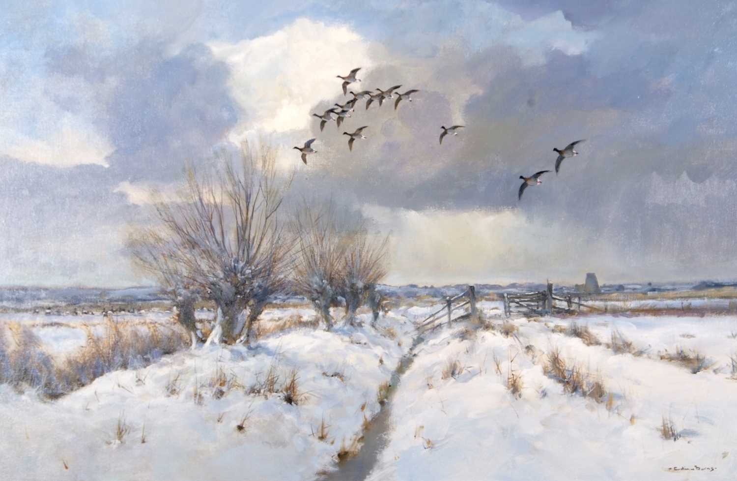 Colin W Burns (British, b.1944) "Pink-footed Geese", oil on canvas 20" x 30" signed Colin W Burns - Image 2 of 2