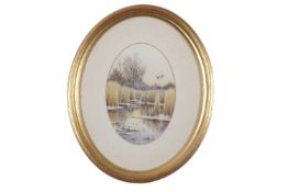 Colin Burns (British, b.1944), "Strumpshaw", watercolour in oval, signed,11x15cm, framed.