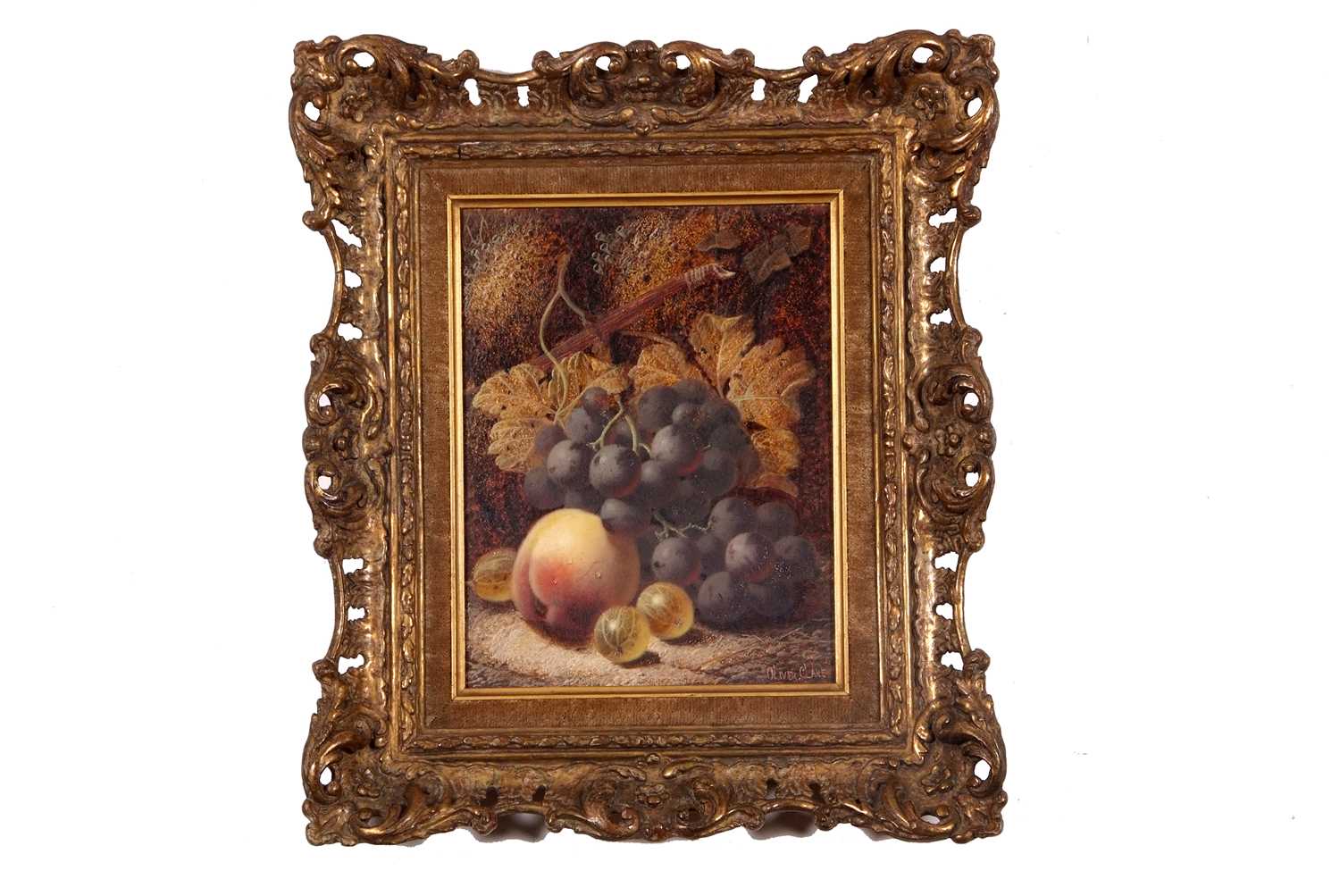 Oliver Clare (British,1853-1927), Still life of fruit, oil on board, signed, 7.5x22cm, framed - Image 2 of 3