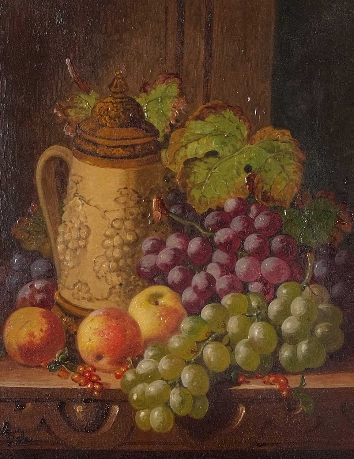 Charles Thomas Bale (1845-1925), Still life study of mixed fruit by a stone ware flagon, oil on - Image 3 of 3