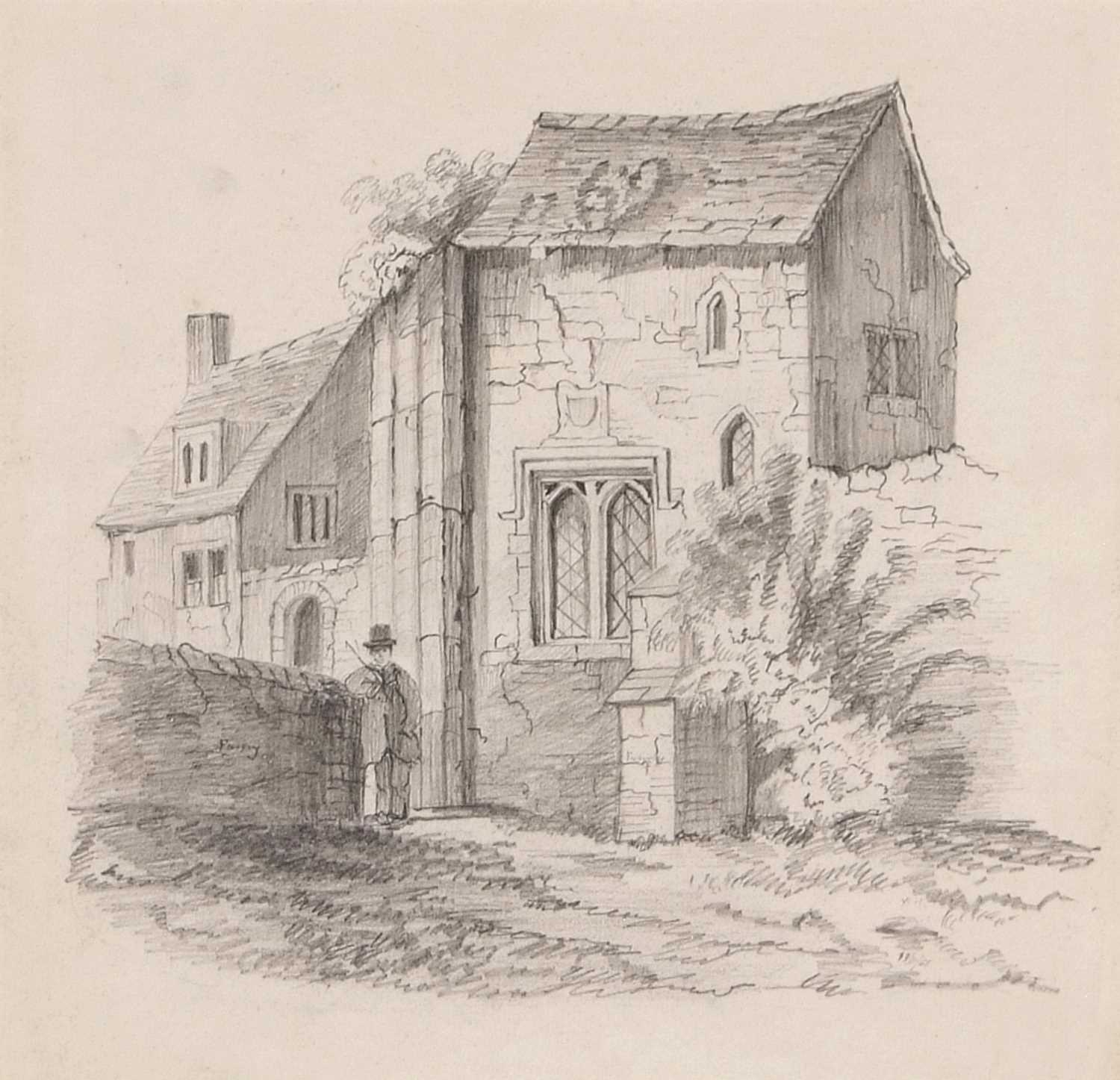 Fanny Musgrave (pupil of J.S.Cotman), Building with a gentleman figure leaning against a wall,