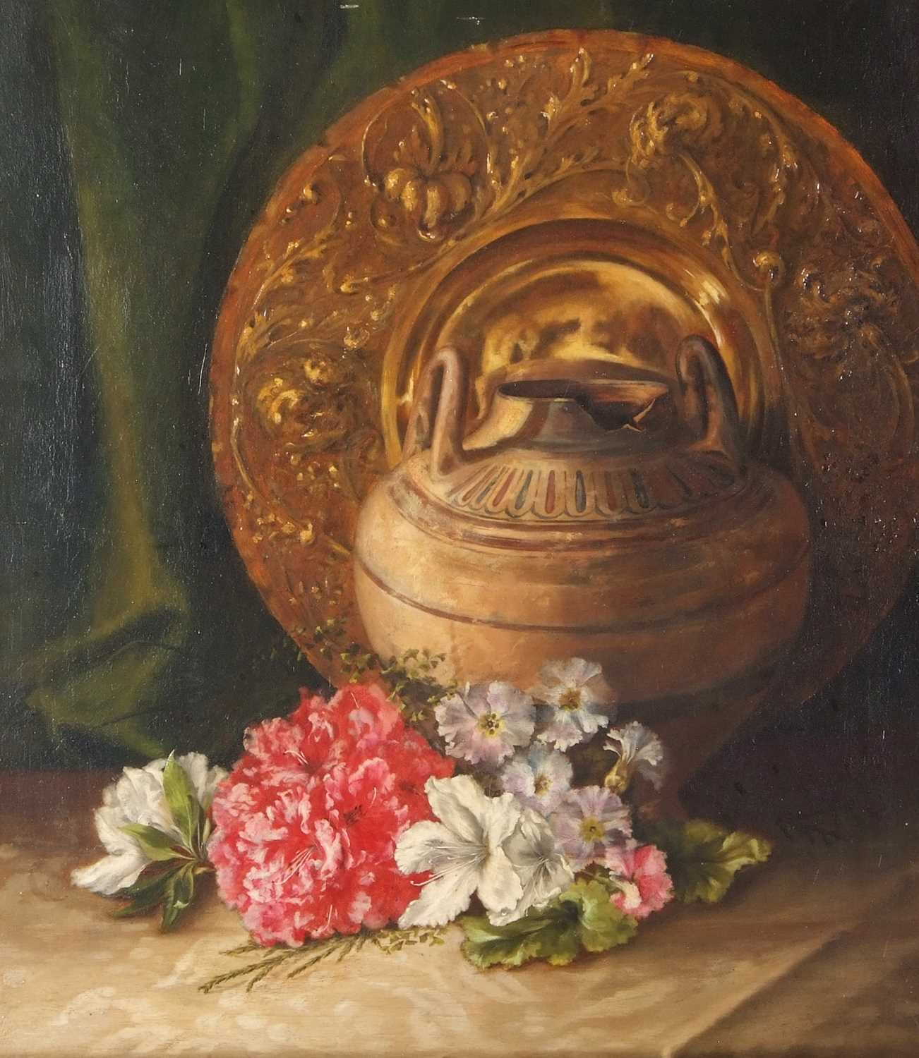 Eloise Harriet Stannard (1829-1915), Still life study of summer flowers by a crock and salver, oil - Image 6 of 6