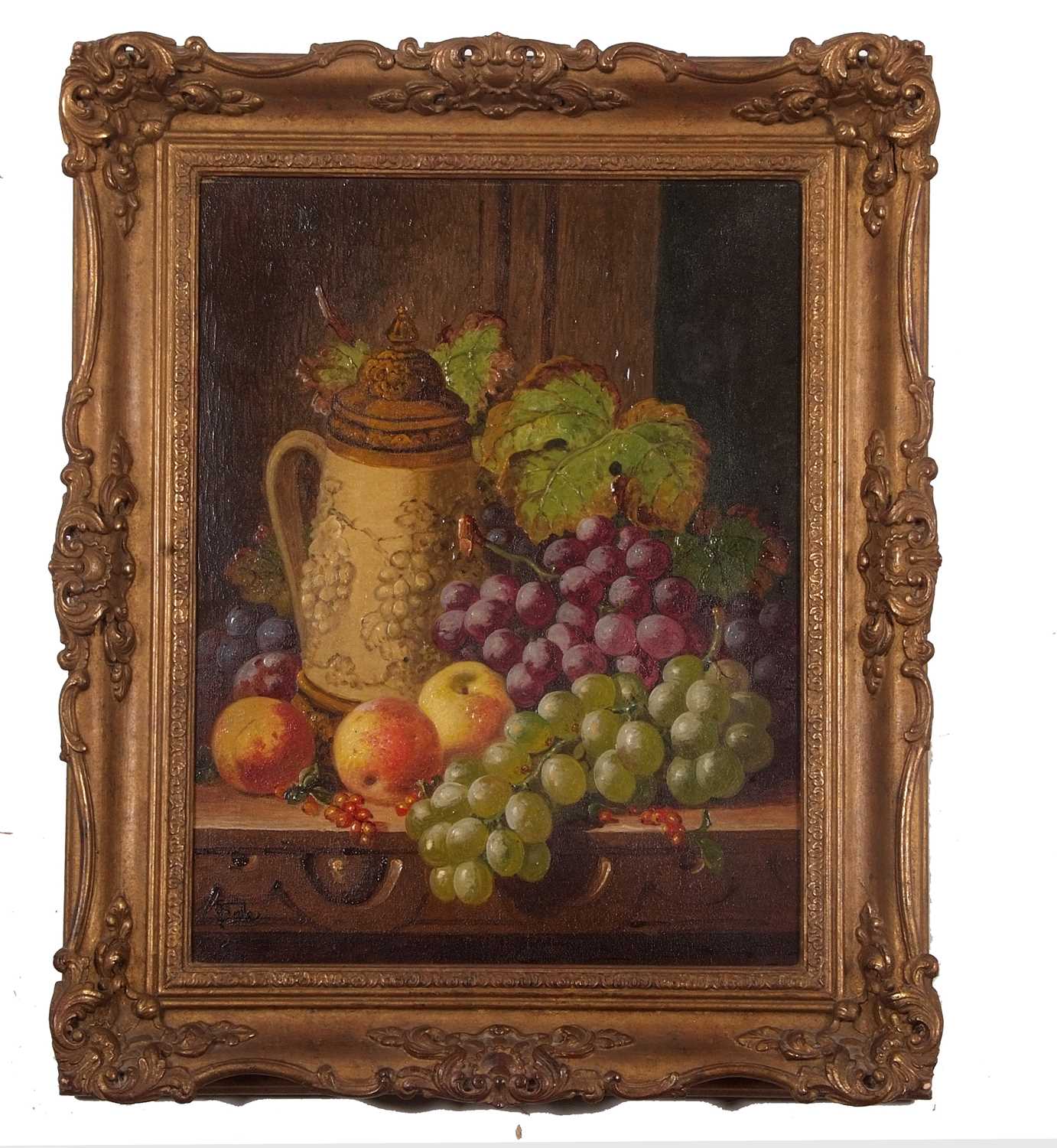 Charles Thomas Bale (1845-1925), Still life study of mixed fruit by a stone ware flagon, oil on - Image 2 of 3