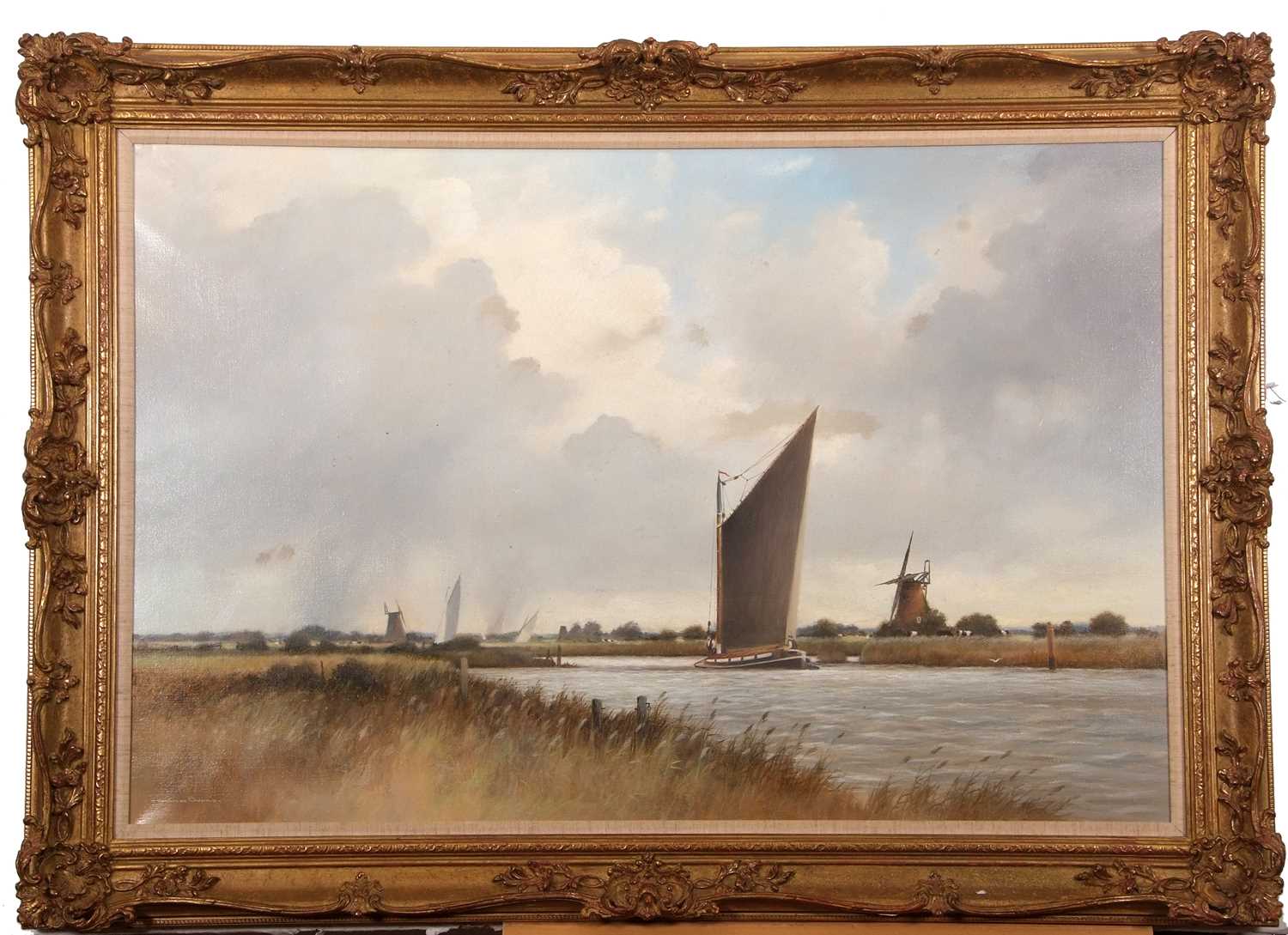 Colin Burns (British, b.1944), Broadland scene with wherry, oil on canvas, signed, 59x90cm, framed. - Image 2 of 3