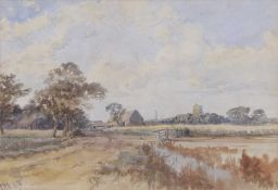 Charles Harmony Harrison (1842-1902), Rural landscape with a distant church, watercolour, signed and