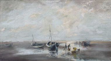 In the manner of Jack Cox (1914-2007), Moored Boats at Blakeney, oil on board, unsigned, 39x69cm,