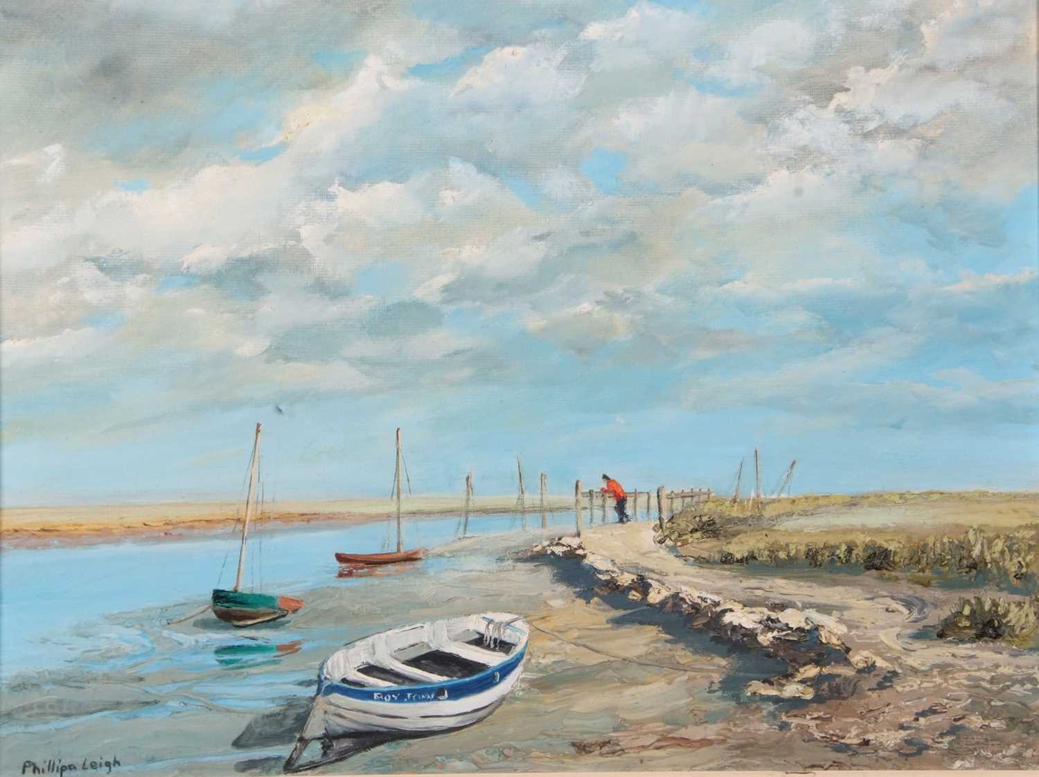 Phillipa Leigh (British, contemporary), Norfolk estuary with boats, oil on board, signed, 39x49cm, - Image 2 of 2