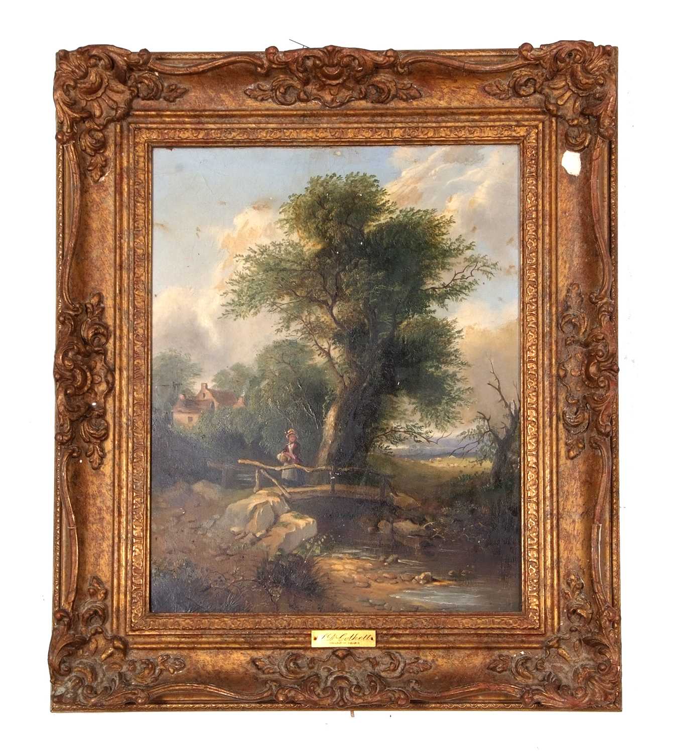 Samuel David Colkett (1806-1863), Landscape with a lady on a bridge, oil on board, unsigned,