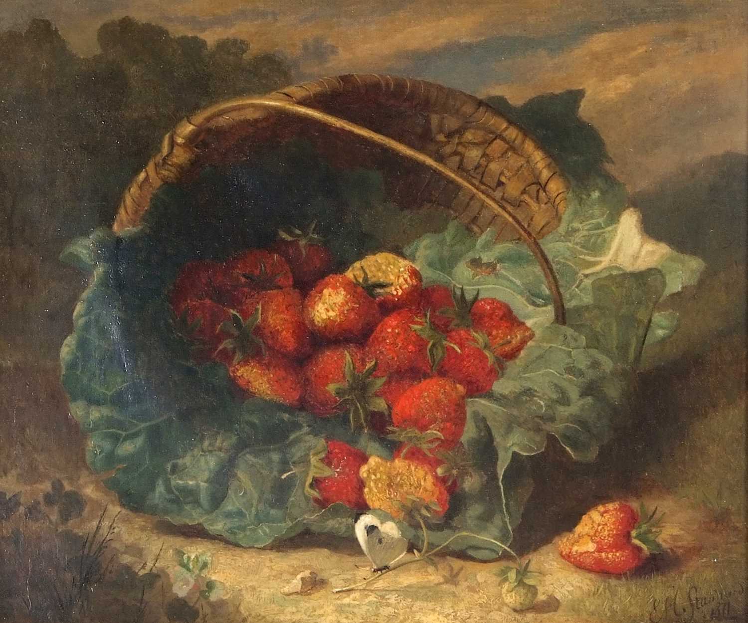 Eloise Harriet Stannard (1829-1915), Still life study of strawberries on a cabbage leaf by a basket, - Image 5 of 5