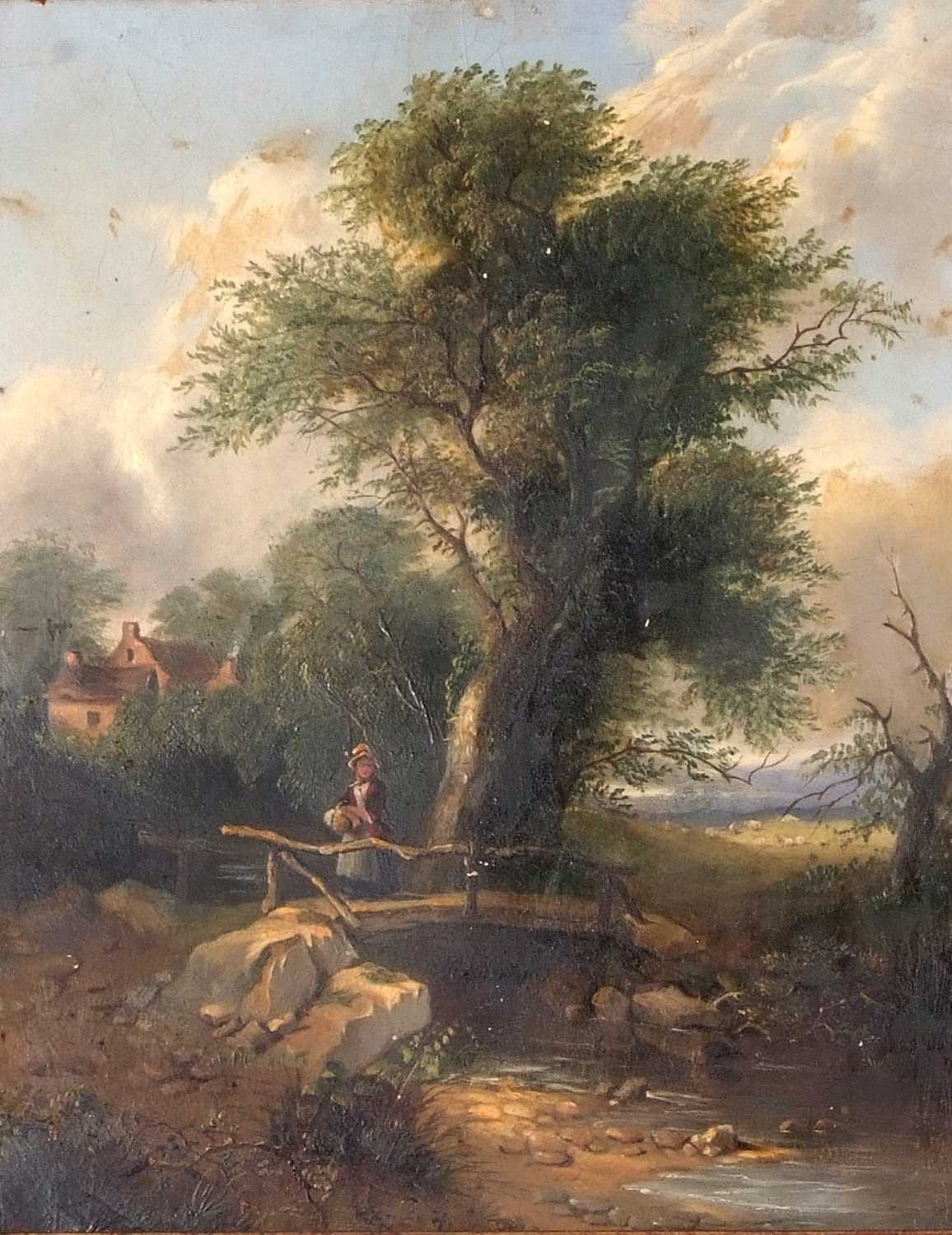 Samuel David Colkett (1806-1863), Landscape with a lady on a bridge, oil on board, unsigned, - Image 2 of 3