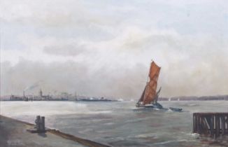 Arthur A.Pank (British,1918-1999), The Falconet, a Thames sailing barge, approaching harbour, oil on