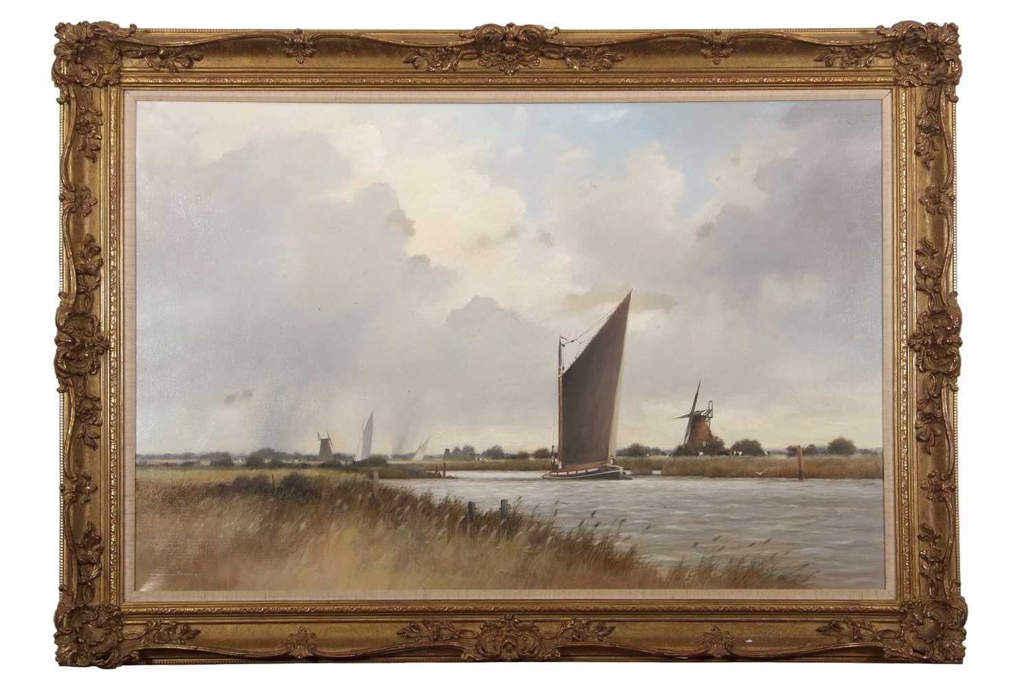 Colin Burns (British, b.1944), Broadland scene with wherry, oil on canvas, signed, 59x90cm, framed.
