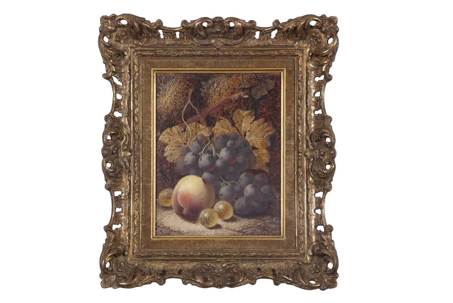 Oliver Clare (British,1853-1927), Still life of fruit, oil on board, signed, 7.5x22cm, framed
