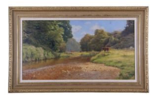Frank Wright (1928-2016) River Scene with Cattle, oil on canvas, signed lower left,39x79cm, gilt