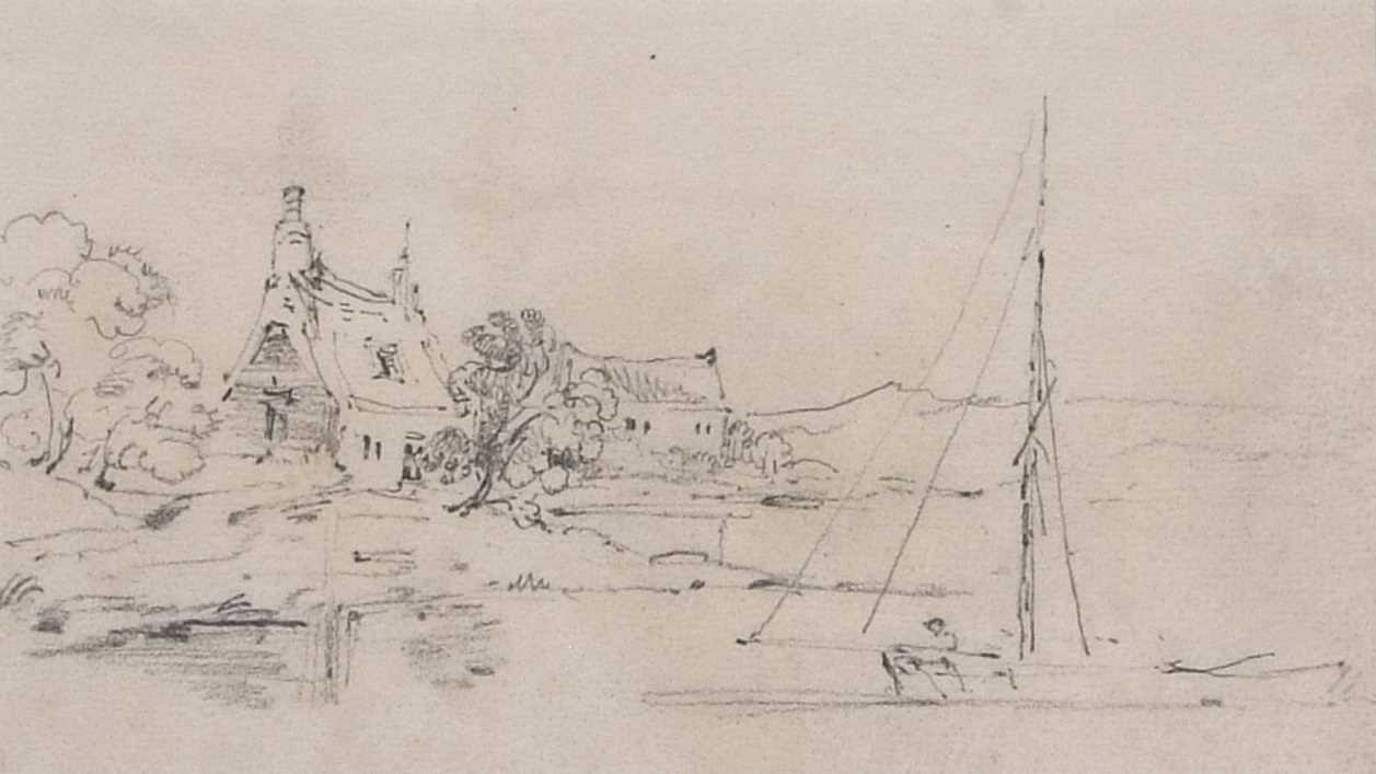 Attributed to John Sell Cotman (1782-1842), Sketch of Riverside Cottage and sailing boat, bears a