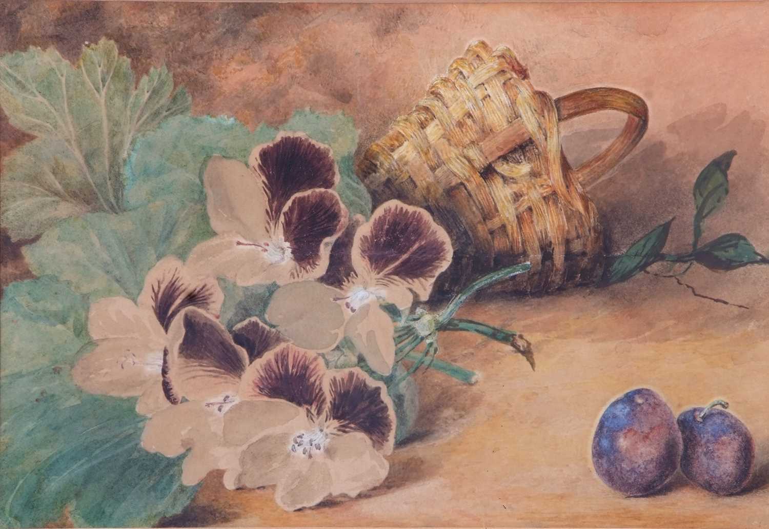 Eloise Harriet Stannard (1829-1915), Still life study of pansies and plums in a basket, watercolour,