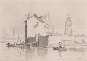 John Sell Cotman (1814-1878), "View on the River Sarthe at Alencon", pencil on paper, signed,