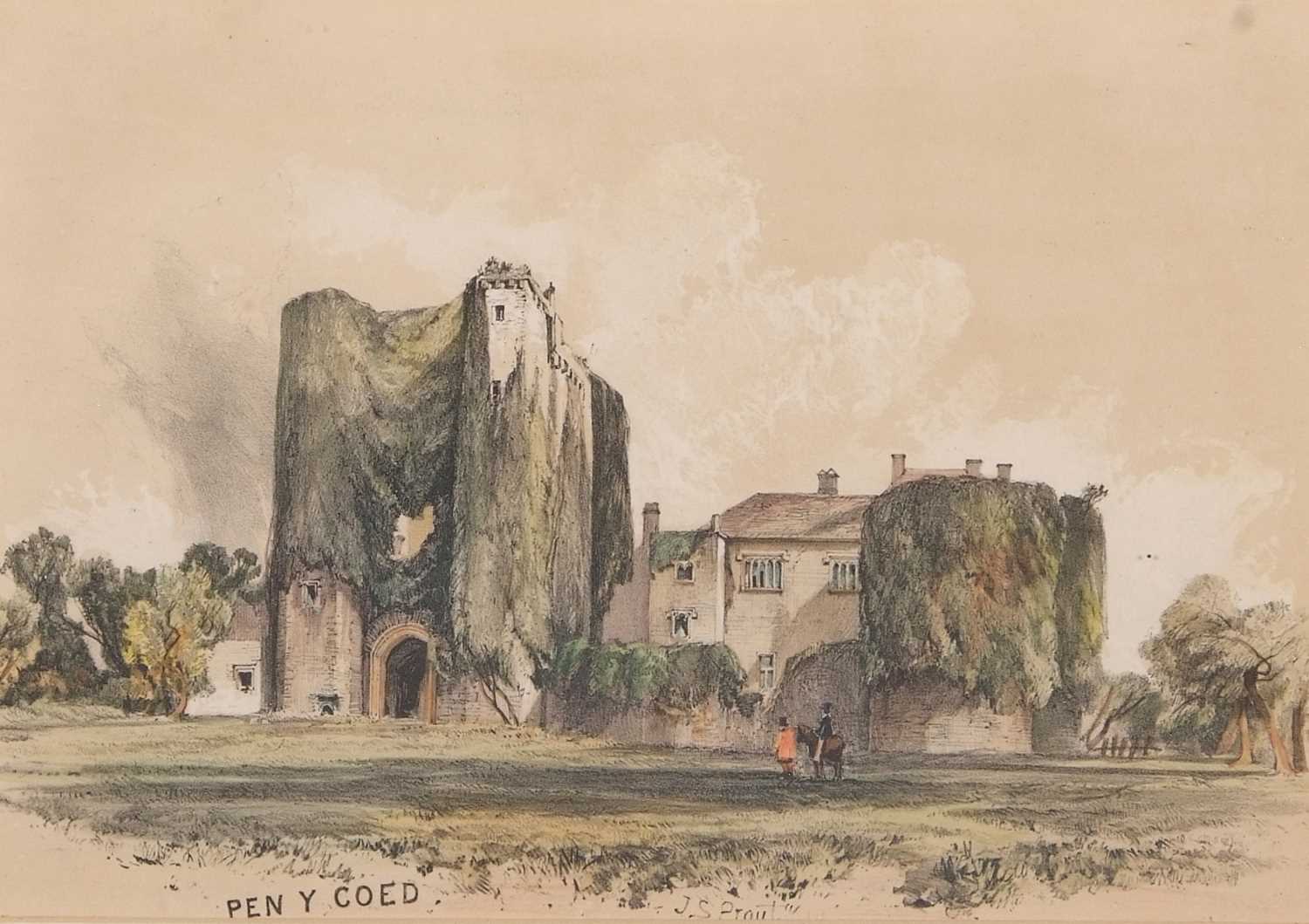 John Skinner Prout (1805-1876), "Pen y Coed Castle", hand coloured lithograph, 22x30cm, framed and - Image 3 of 3